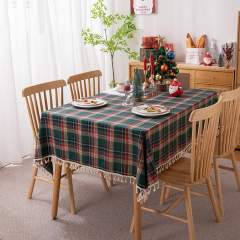 Christmas Plaid Tablecloth Rectangular Red Green Yarn Dyed Cotton Polyester Fabric Festive Table Decor With Tassel Edge