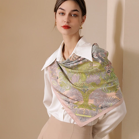 Elegant Floral Printed Square Scarf Satin Like Satin Retro Botanical Head Neck Wrap Hair Accessory For Women