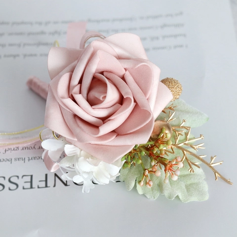 Artificial Rose Boutonniere Wedding Pink PE Satin Flower With Gold Berry Twig Ribbon For Groom Groomsman Banquet Ceremony