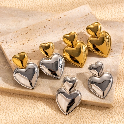 Stainless Steel Heart Drop Earrings Double Layer Polished Metallic Minimalist Fashion Jewelry For Women