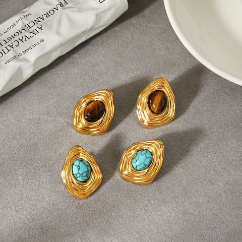 Vintage Wavy Stainless Steel Stud Earrings With Tiger Eye And Turquoise Retro Geometric Jewelry For Women