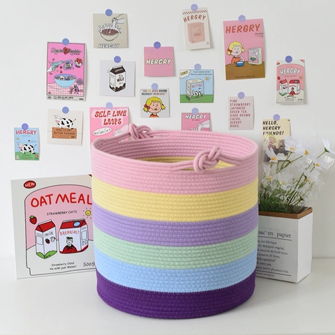 Cotton Rope Woven Storage Basket Rainbow Laundry Hamper Toy Organizer Nordic Style Large Decorative Bin With Handles