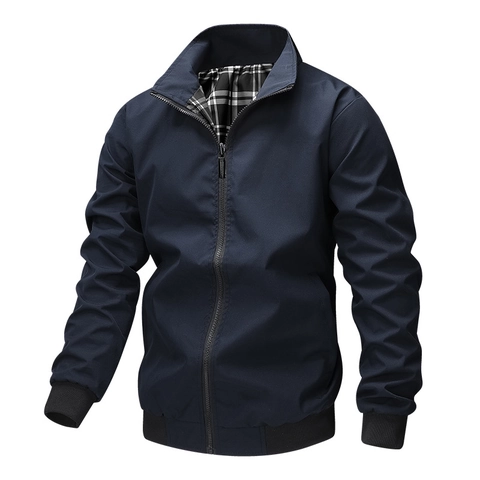 Giacca Casual da Uomo con Collo in Piedi e Fodera a Quadri Antivento Leggera Bomber Outwear con Cerniera Manica Lunga