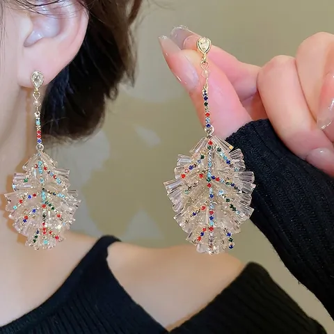 Leaf Tree Long Dangle Earrings With Colorful Rhinestone Crystal And Silver Earring Post Bohemian Party Fashion Jewelry