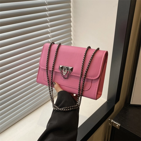 Korean Style PU Leather Crossbody Bag For Women Vintage Minimalist Square Shoulder Purse With Metal Chain And Rivet Lock