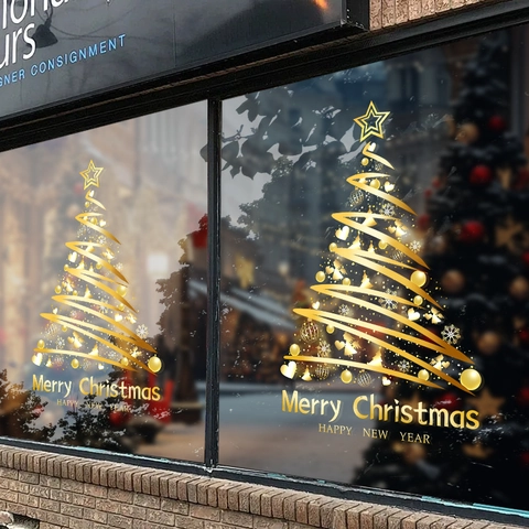 Christmas Window Stickers Gold Christmas Tree Static Cling Double Sided PVC No Glue Snowflake Decals Holiday Decor