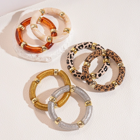Leopard Print Acrylic Resin Bamboo Tube Bracelet Elastic Geometric Amber Marble Pattern Fashion Jewelry For Women