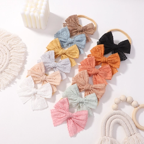 Baby Girl Elastic Headband Hollow Out Cotton Bow Newborn Toddler Hair Band Solid Color Soft Nylon Headwear Accessories