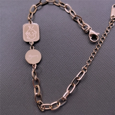 Pulsera De Acero Inoxidable Con Colgante Redondo Cuadrado Lucky Motivo Dibujos Animados Cadena Pulida Joyas Para Mujer
