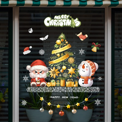 Christmas Window Clings PVC Static Wall Stickers Santa Claus Snowman Xmas Tree Reusable Holiday Decor For Glass