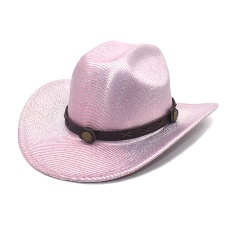 Cappello Da Cowboy Occidentale Lucido Metallico Texture Luccicante Vintage Jazz Tesa Larga Decorazione Fascia In Pelle Per Donne