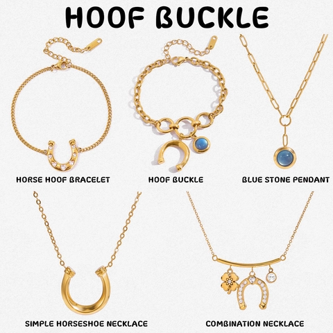 Stainless Steel Horseshoe Jewelry Set Gold Plated Rhinestone Blue Stone Lucky Clover Pendant Necklace Bracelet For Women
