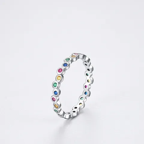 Rainbow Eternity Ring 925 Sterling Silver With Colorful Zircon Dainty Thin Band Minimalist Stackable Jewelry For Women