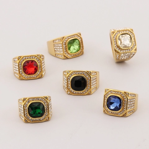 Men Ring Stainless Steel Square Colorful Gemstone Full Micro Pave Zirconia Octagonal Hip Hop Retro Business Jewelry