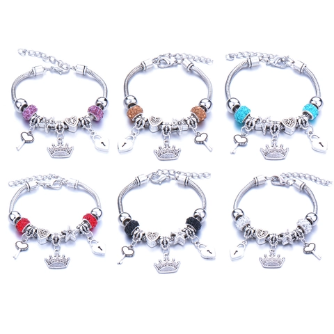 Alloy Charm Bracelet With Rhinestone Crystal Beads Crown Heart Key Pendant Adjustable Snake Chain Fashion Women Jewelry