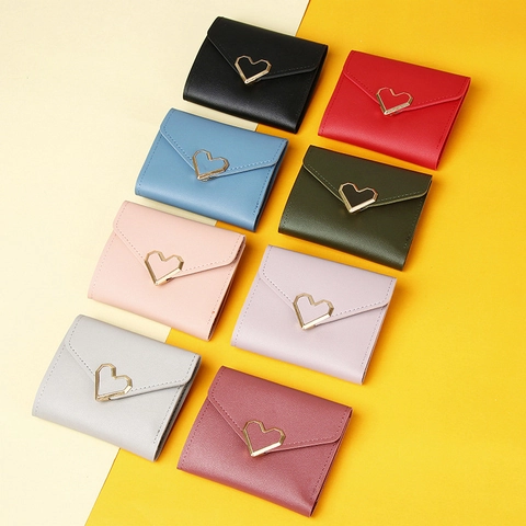 Women Small Trifold Wallet PU Leather Heart Metal Buckle Compact Purse Coin Pocket Multi Card Slots Sweet Style