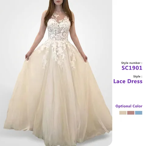 Lace Mesh Wedding Dress Sleeveless Round Neck Flower Embroidery High Waist Long Ball Gown For Women Formal Evening Party