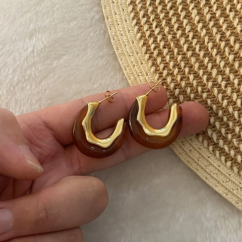 Pendientes De Aro En C Retro Resina Irregular Poste De Acero Inoxidable Joyas Geométricas De Lujo Ligero Para Mujer
