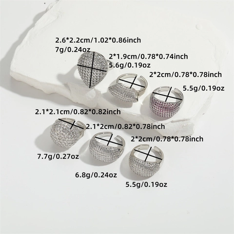 Anillo de Cobre Ajustable Abierto de Lujo Francés Óvalo Circonia Pavé Color Plata Joyería Geométrica para Mujer