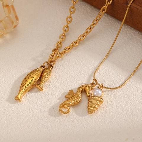 Ocean Theme Necklace Stainless Steel Gold Plated With Seahorse Shell Artificial Pearl Fish Pendant Jewelry Women Fashion Accessory