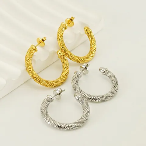 Orecchini a Cerchio in Acciaio Inossidabile a Corda Intrecciata per Donna Placcati in Oro 18K Struttura a Treccia Rotonda Geometrica