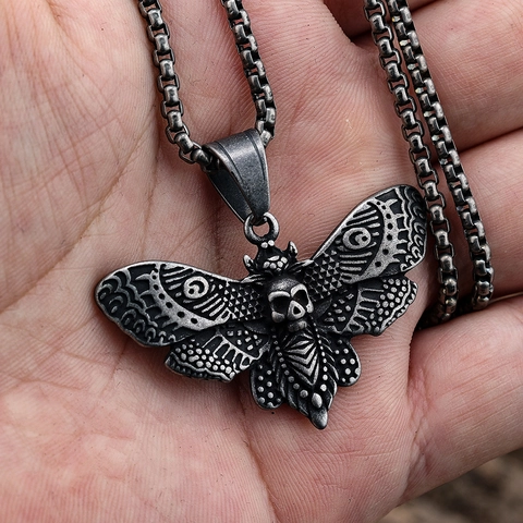 Gothic Moth Skull Pendant Necklace Vintage Silver Stainless Steel Punk Jewelry Biker Dark Style For Men Women