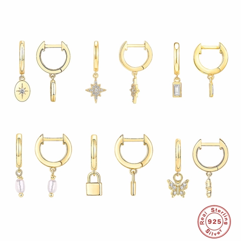 925 Sterlingsilber Achteckiger Stern Zirkonia Künstliche Perle Schloss Schmetterling Huggie Drop Ohrringe Für Damen Schmuck