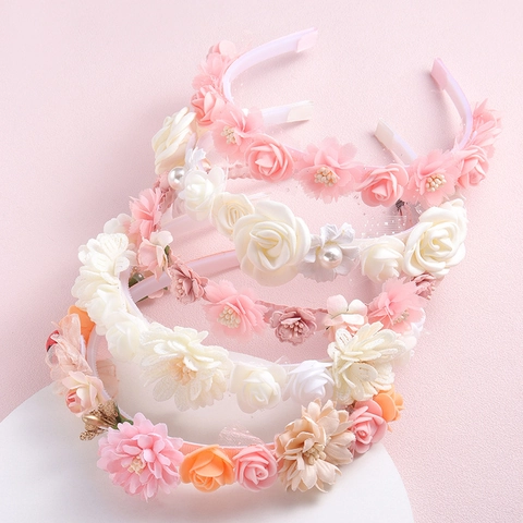 Artificial Flower Headband Fabric Floral Hair Hoop With Faux Artificial Pearl Sweet Elegant Headwear For Women Girls Party
