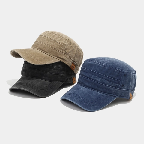 Vintage Washed Cotton Cadet Cap Military Flat Top Hat With Leather Mountain Patch Adjustable Retro Outdoor For Men