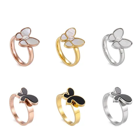 Schmetterling Ring Edelstahl Perlmutt Schwarz Emaille Strass Elegant Süßer Modeschmuck Für Damen