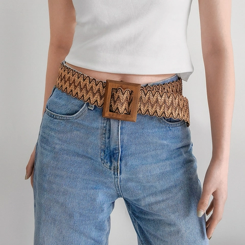 Cintura Intrecciata in Stile Bohemien Vintage da Donna Con Fibbia Quadrata in Legno Cintura Corsetto Elastica Larga per Jeans Abiti