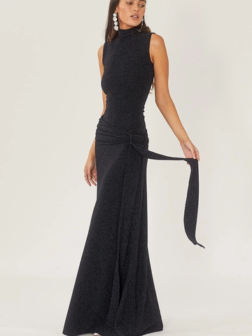 Elegant High Neck Sleeveless Maxi Dress Women Shiny Glitter Slim Fit Side Slit Draped Evening Party Banquet Long Dress