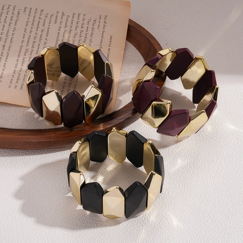 Bracciale Patchwork Geometrico Acrilico Lega Tonalità Oro Diamante Irregolare Polsino Elastico Gioielli Vintage Per Donne