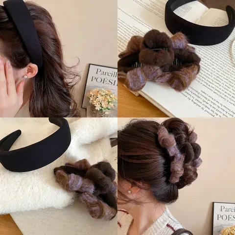 Cerchietto Imbottito Molletta Per Capelli In Peluche Floccato Nero Tessuto Acrilico Fiocco Elegante Semplice Accessorio Inverno Donne