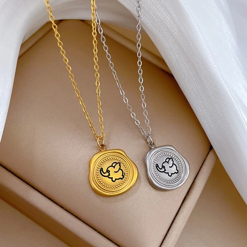 Collana Con Ciondolo Elefante Minimalista In Acciaio Al Titanio Placcato Oro Design Sigillo Di Cera Rotondo Da Donna
