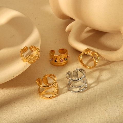 Stainless Steel Open Adjustable Ring 18K Gold Plated Geometric Twisted Hammered Texture Jewelry For Women