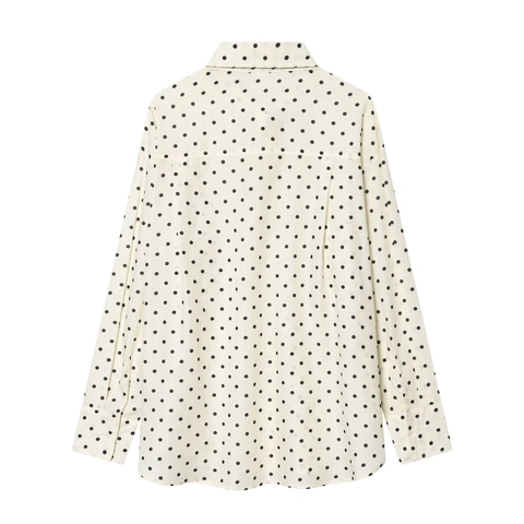 Polka Dot Long Sleeve Blouse Women Polyester Lapel Button Down Shirt Vintage Fashion Casual Top Curved Hem
