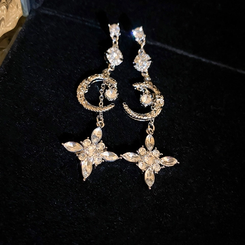 Star Moon Tassel Drop Earrings Alloy Rhinestone Elegant Dangle With 925 Sterling Silver Earring Post For Women