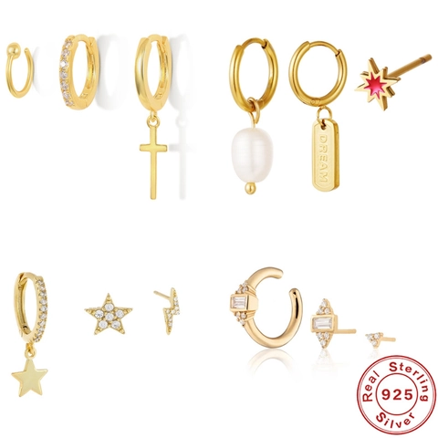 925 Sterling Silver Earring Assortment For Women Gold Plated Zirconia Cross Star Lightning Geometric Jewelry Collection