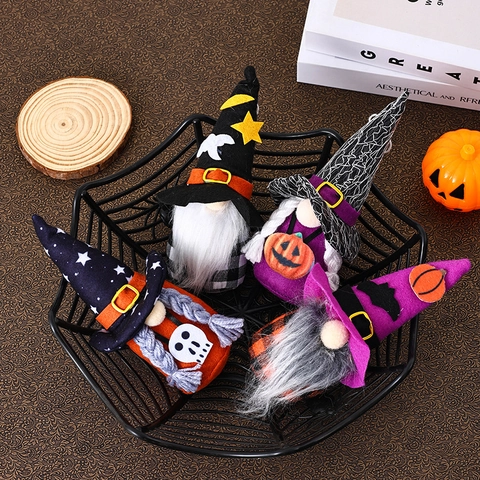 Gnomi Di Peluche Di Halloween Bambole Senza Volto Cappello Da Mago Zucca Teschio Motivi Decorazione Da Tavola Festa