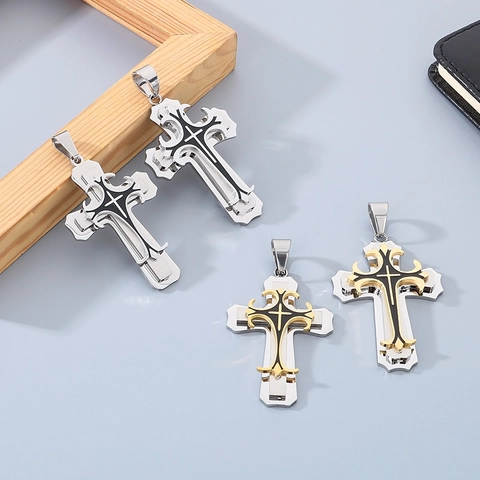 Men Stainless Steel Cross Pendant Necklace Byzantine Box Chain Punk Gothic Layered Religious Jewelry