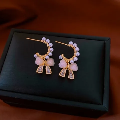 Orecchini Künstliche Perle Fiocco Rame Zircone Cuore Rosa Stile Dolce Lusso Per Donna Con Perno In Argento