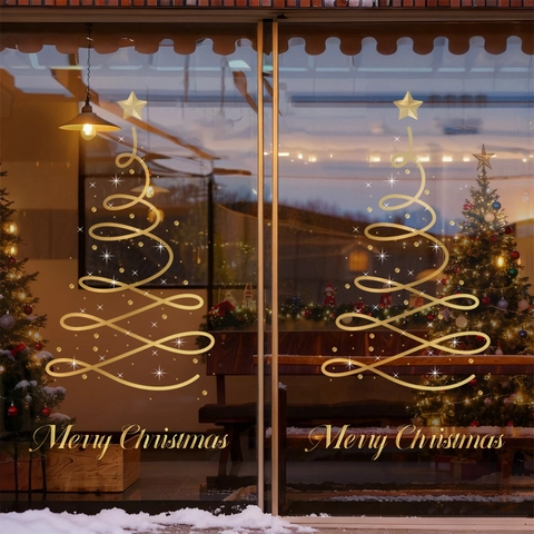 Gold Christmas Tree Window Sticker Static Cling Glass Door Decal Merry Christmas Lettering PVC Double Sided Festive Decor