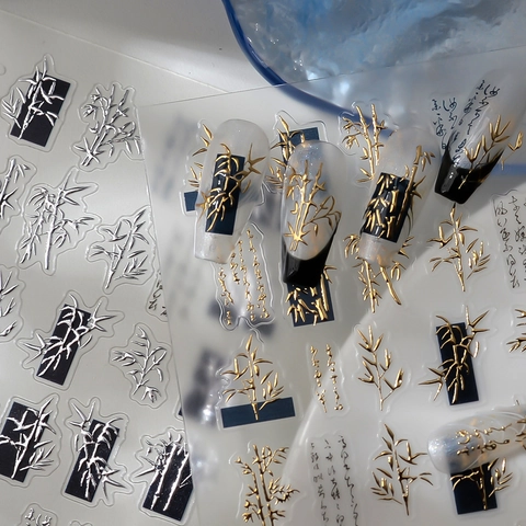 5D Chinese Style Bamboo Calligraphy Nail Art Stickers Waterproof Adhesive Retro Gold Silver Embossed Relief DIY Manicure Decor