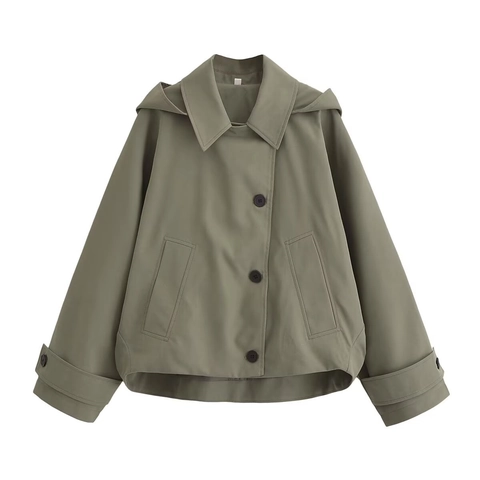Women Short Trench Coat Hooded Polyester Windbreaker Casual Cape Style Single Breasted Jacket Outerwear