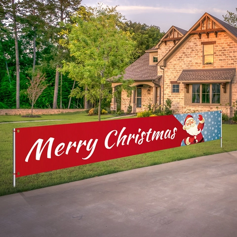Merry Christmas Banner Outdoor Yard Decoration Oxford Cloth Santa Claus Snowman Plaid Hanging Flag For Holiday Party Wall