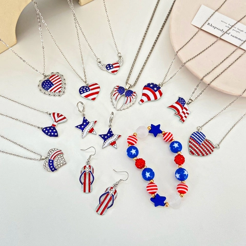 American Flag Theme Jewelry Alloy Enamel Rhinestone Independence Day Heart Wing Star Necklace Earrings Bracelet Brooch Women