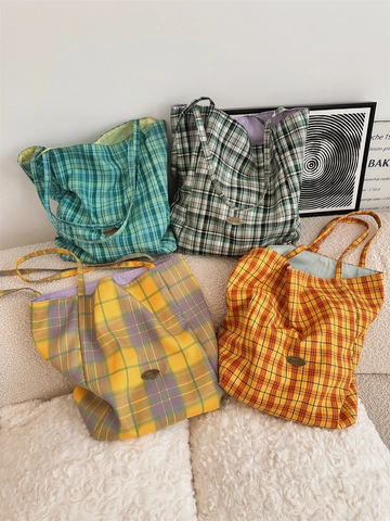 Borsa Tote In Tela A Quadri Grande Capacità Vintage Borsa A Tracolla Reversibile Per Donne Studenti Pendolari Leggera