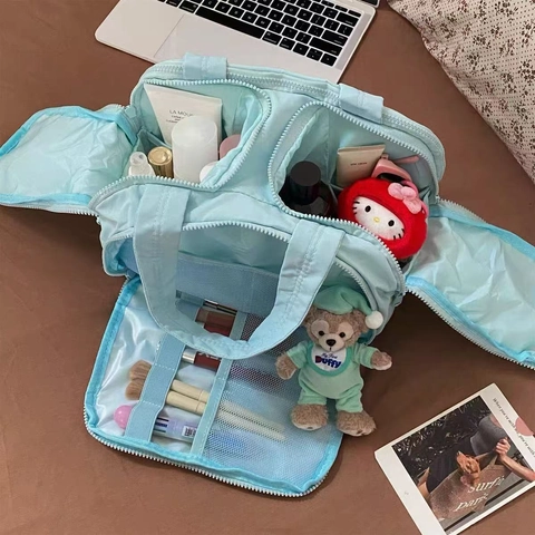 Quilted Makeup Bag Puffer Toiletry Case Large Capacity Nylon Portable Travel Organizer With Plush Charm Handheld Solid Color For Women