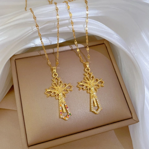 Collar Con Colgante De Cruz De Jesús Bañado En Oro Acero Inoxidable Cobre Micro Incrustado Circón Joyería Religiosa Vintage Para Mujeres